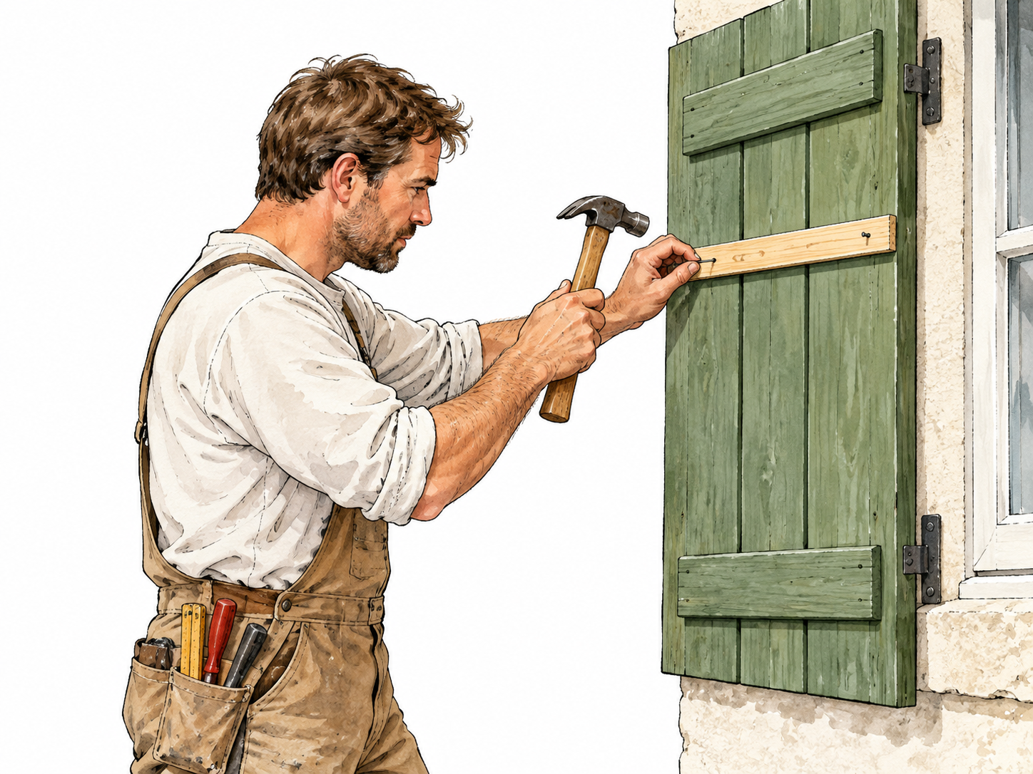 A white carpenter secures a shutter with a narrow wooden strip, hammer and nails, clear batten fastening.