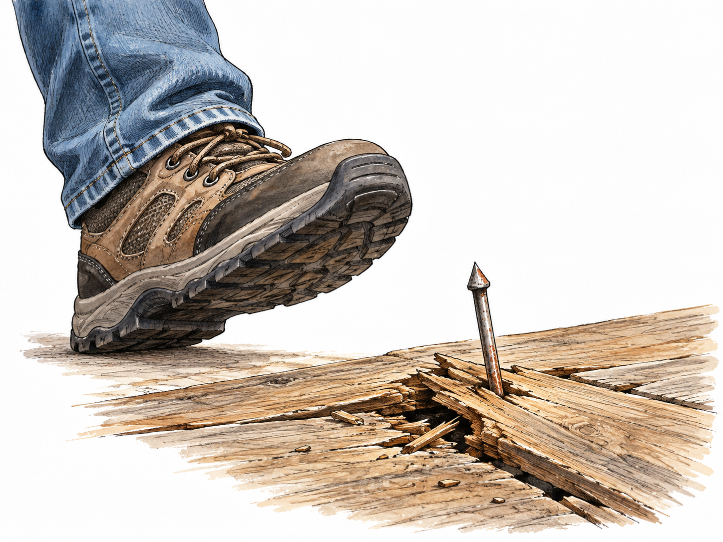 A sharp exposed nail sticks upward from a broken floorboard near a walking shoe, obvious hazard, no blood.