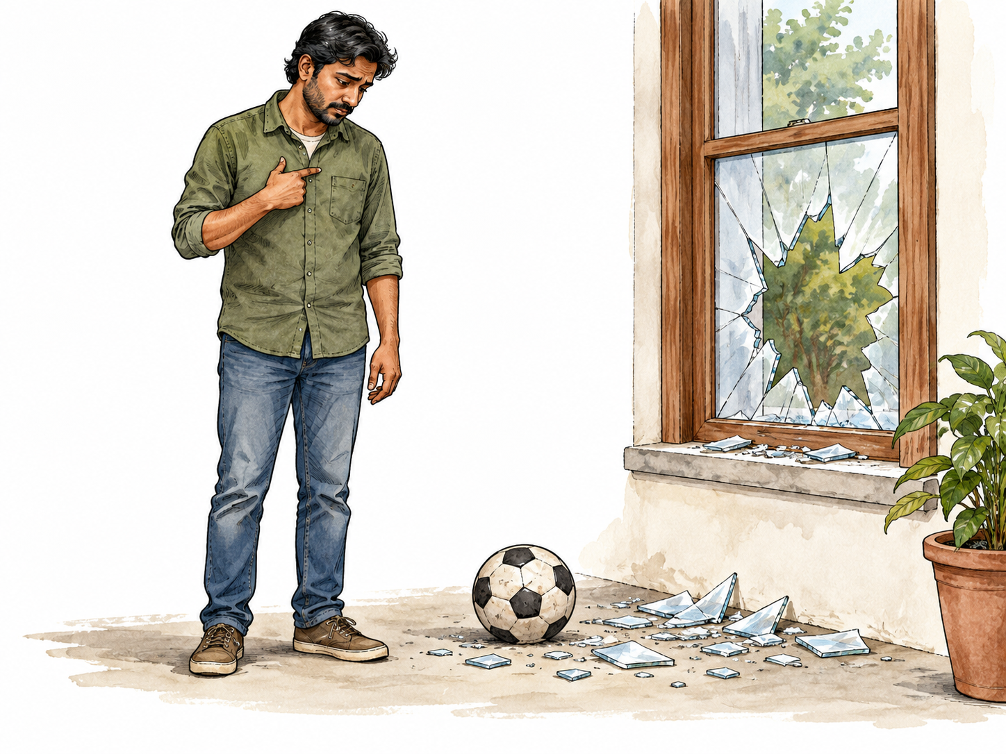 South Asian adult points to own chest apologetically beside ball and window they broke, accepting responsibility.