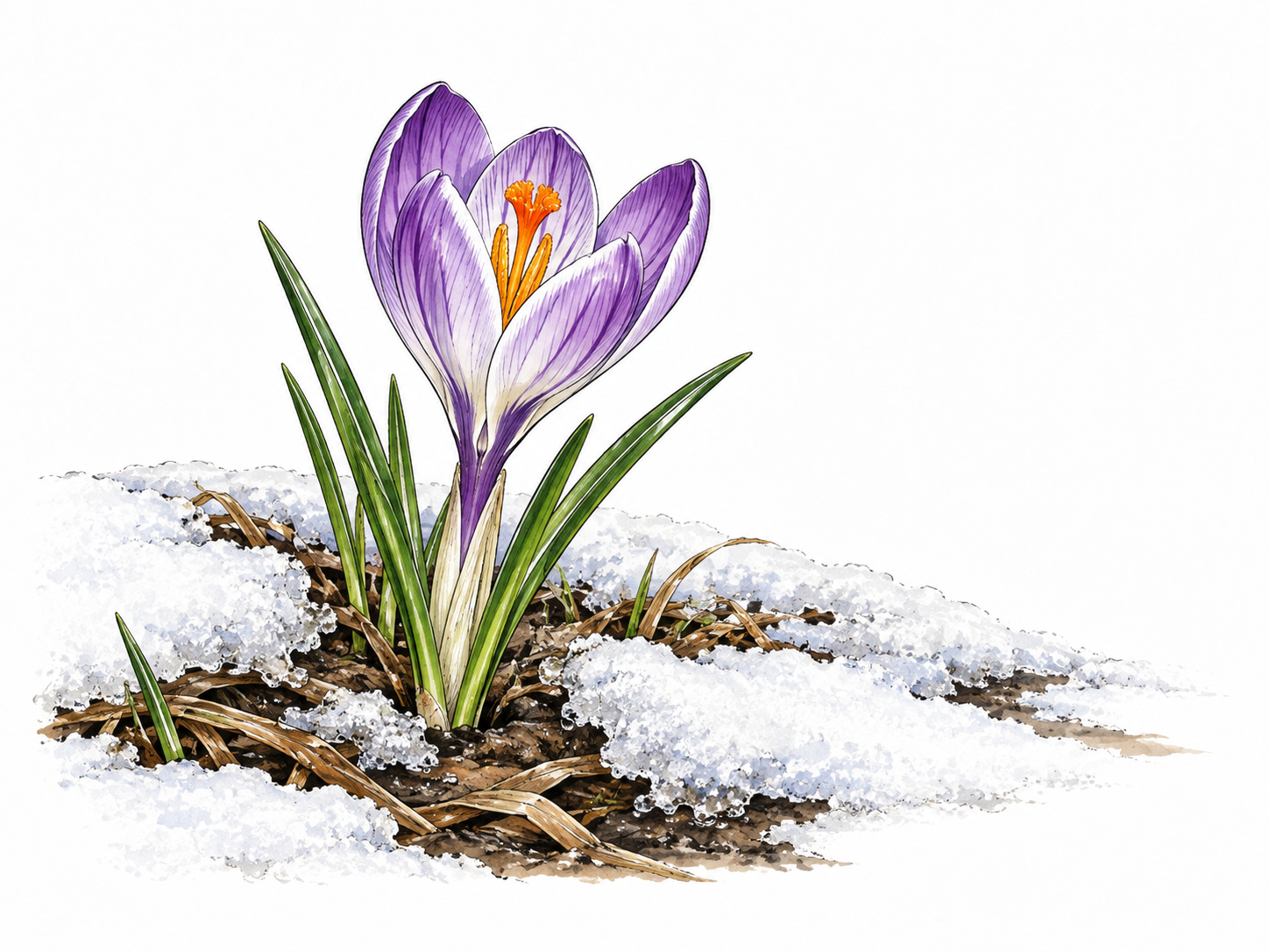 A single blooming crocus pushes through melting snow, signaling the arrival of spring.