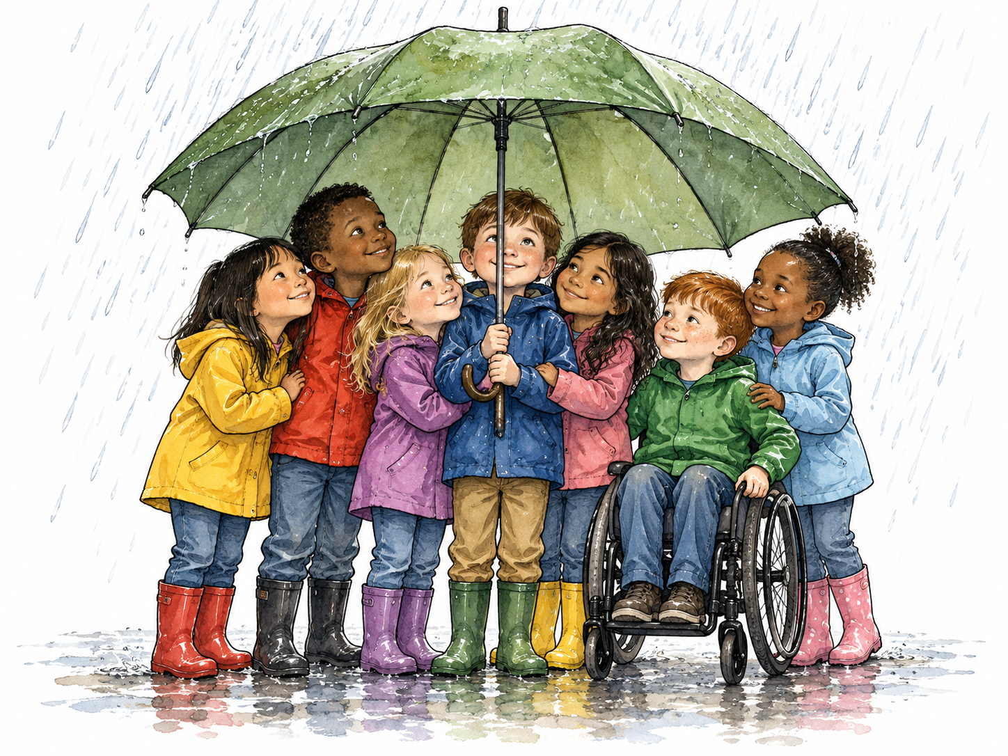 A diverse group of children all protected from rain beneath one broad umbrella, everyone included.