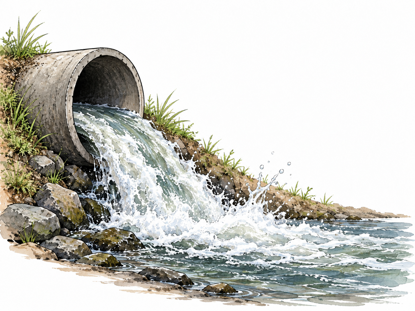Water forcefully flows out from a large drainage pipe into a channel.