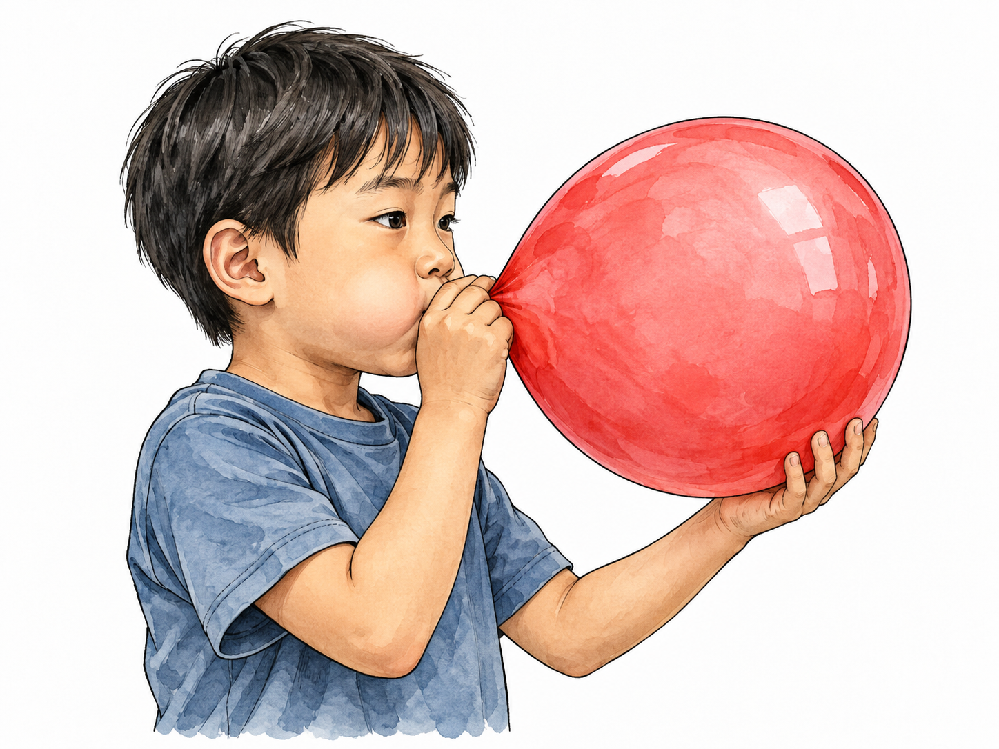 An East Asian child inflates a large balloon, stretched taut and round, cheeks gently puffed, no extra before-after objects.