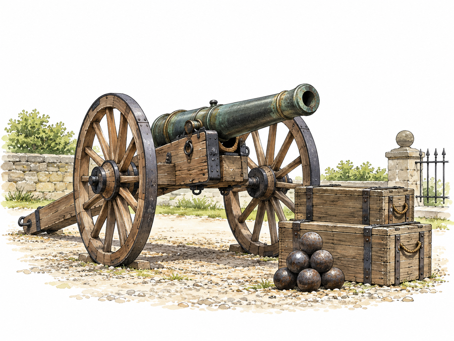 A carefully parked historical field cannon beside orderly sealed ammunition crates in a quiet museum yard, no firing.