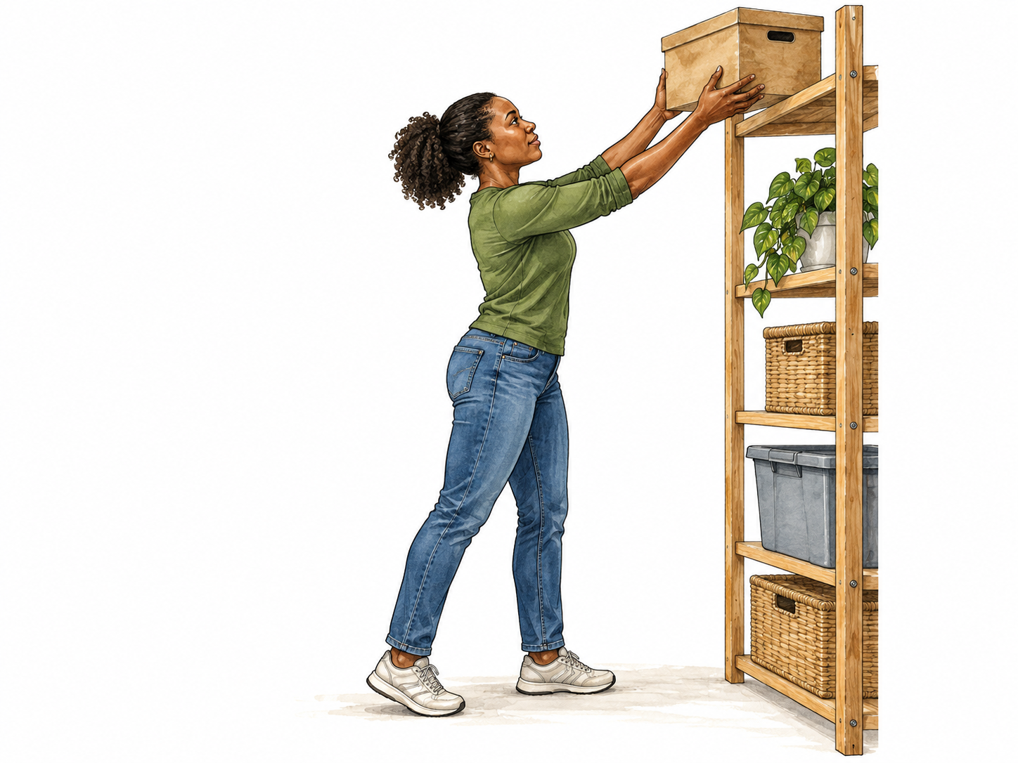 A Black woman raises a box from waist level toward a high shelf, safe plausible posture.