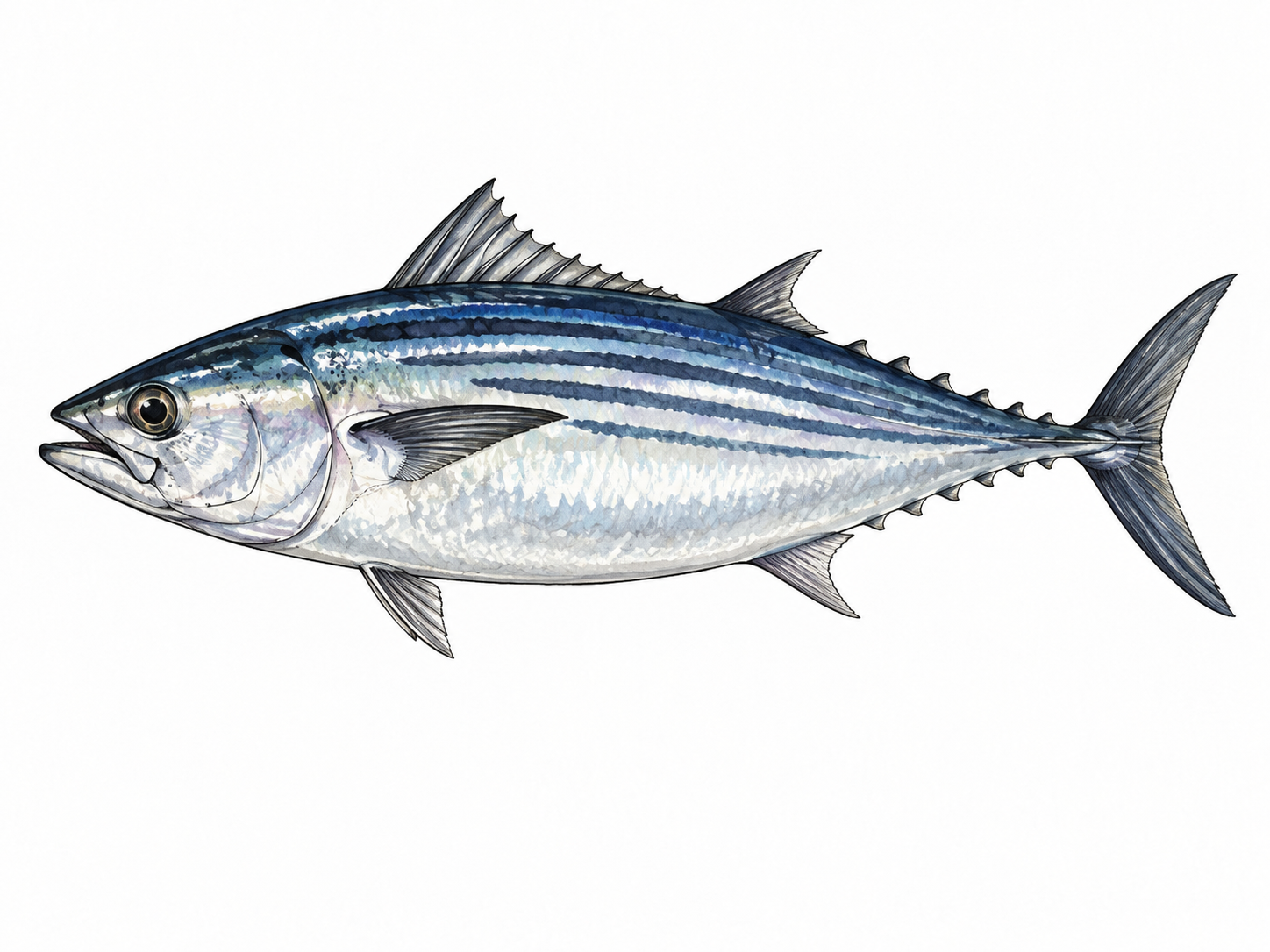 A biologically accurate bonito fish with striped blue back and silver belly.