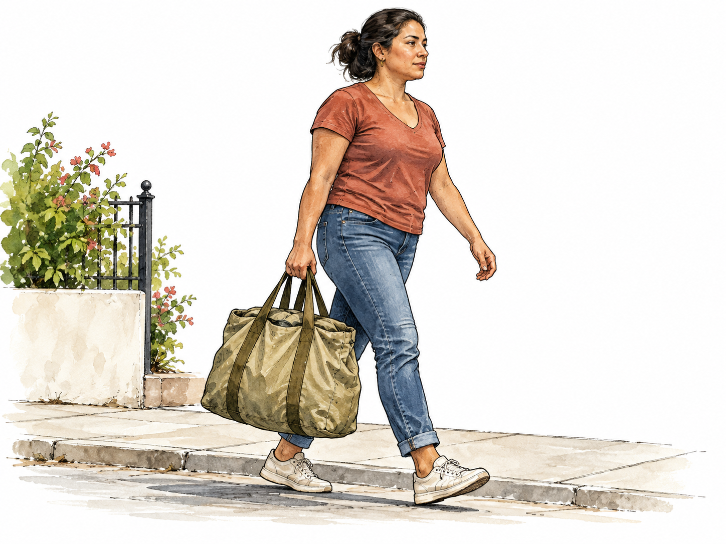 Latina adult carrying heavy canvas bag by handles at her side, simple street scene.