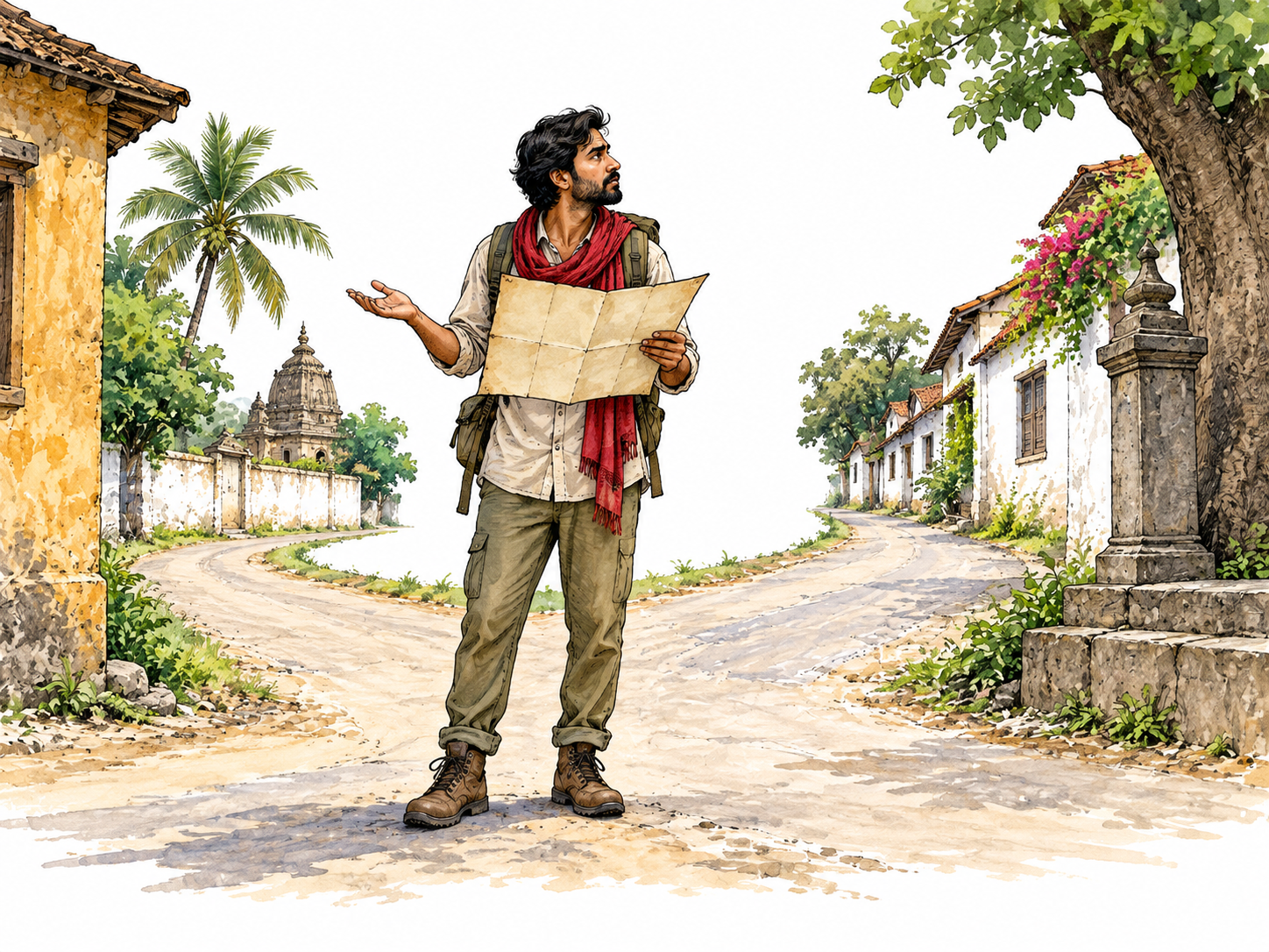 South Asian traveler holding unmarked map looks around uncertainly at street junction, questioning gesture.