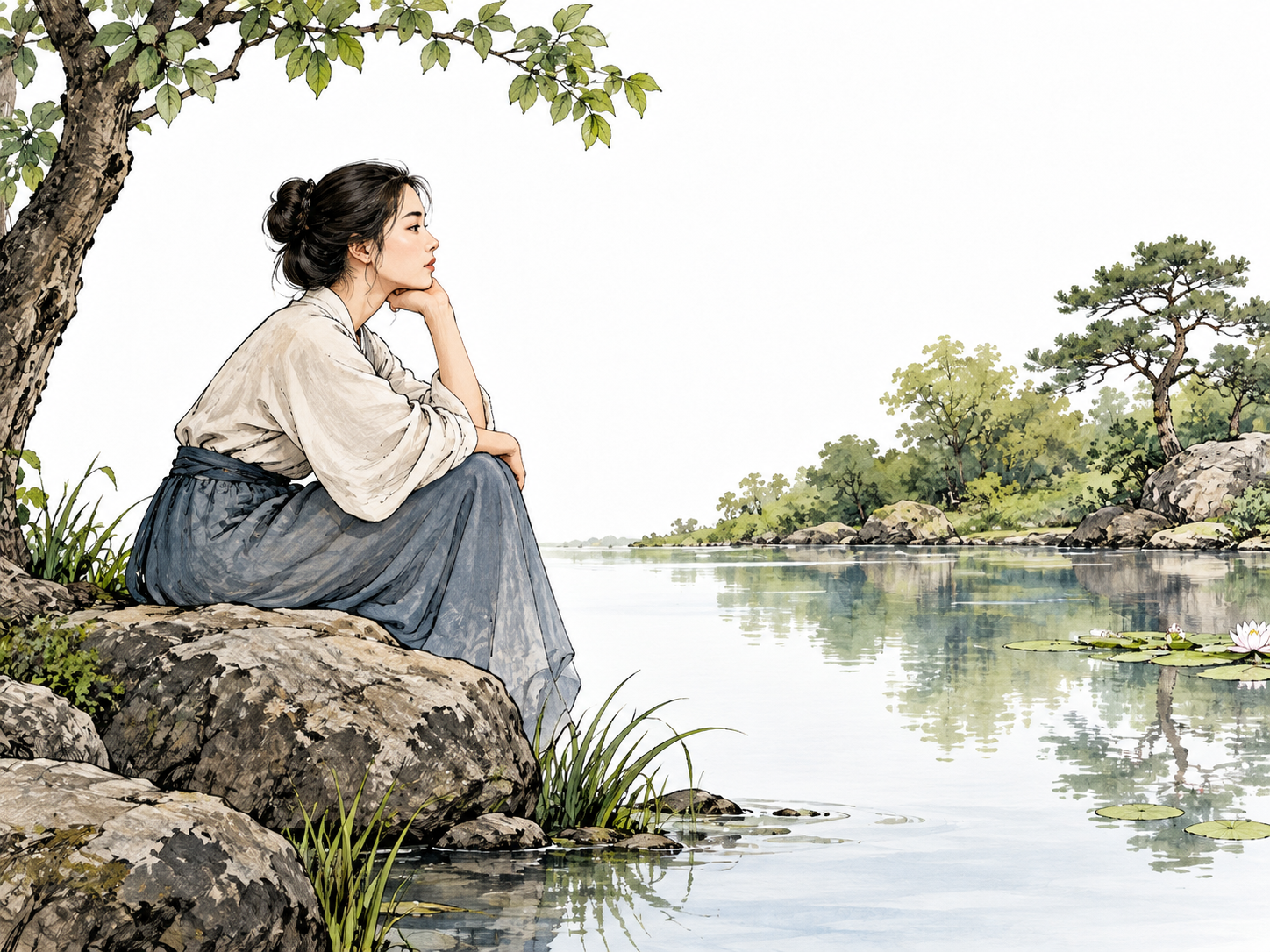 An East Asian woman sits quietly gazing across a still pond, thoughtful expression.