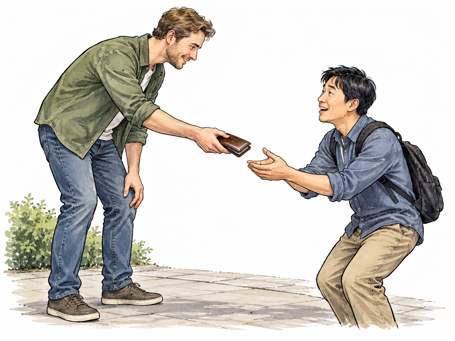 A white adult returns a dropped wallet intact to its relieved East Asian owner, honest conduct despite opportunity to keep it.