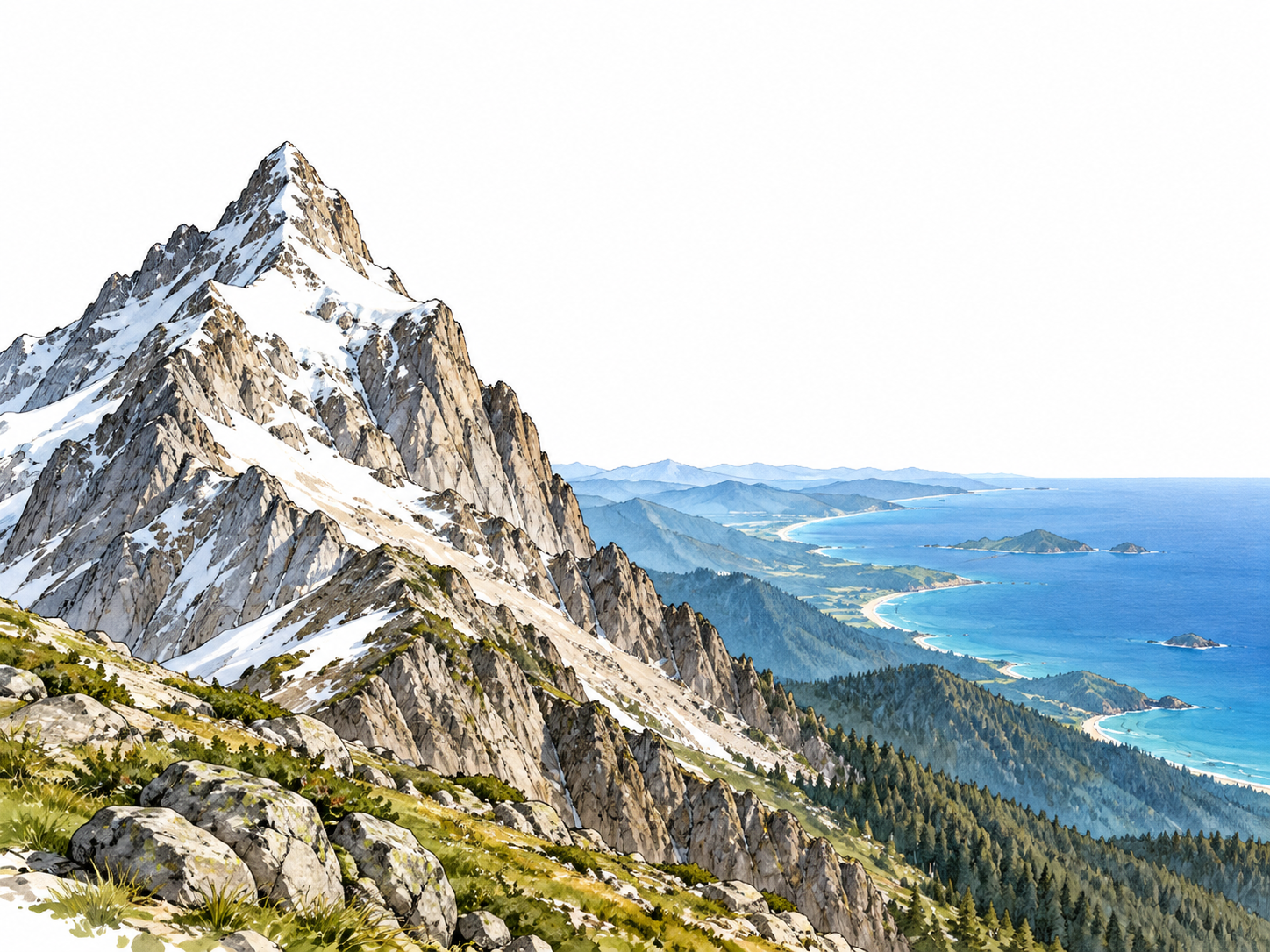 A high mountain peak towers above a distant blue sea, showing height above sea level.