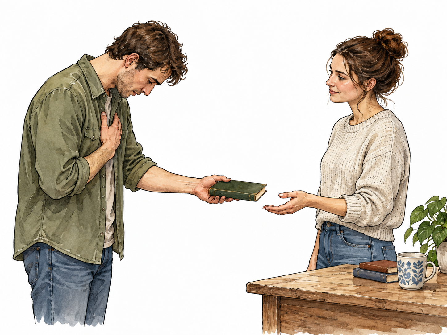 A white adult bows their head in remorse while returning a misplaced borrowed object with an apologetic open hand.
