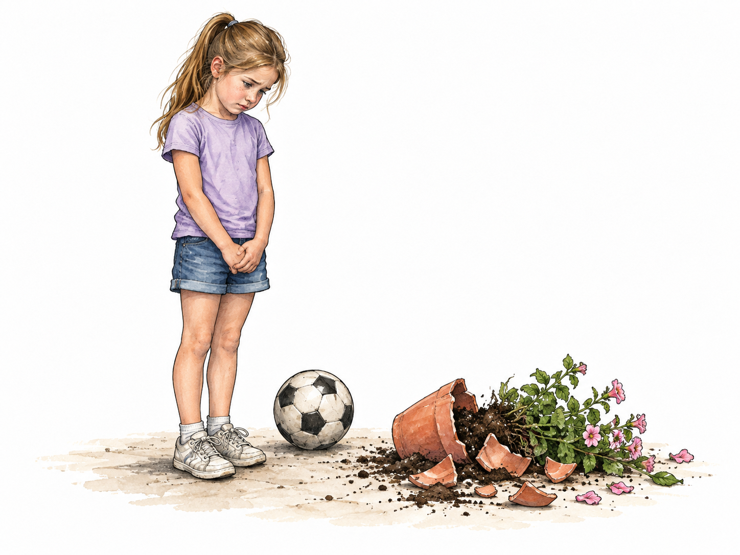 A white girl stands regretfully with a kicked ball beside a broken flowerpot, no injury.