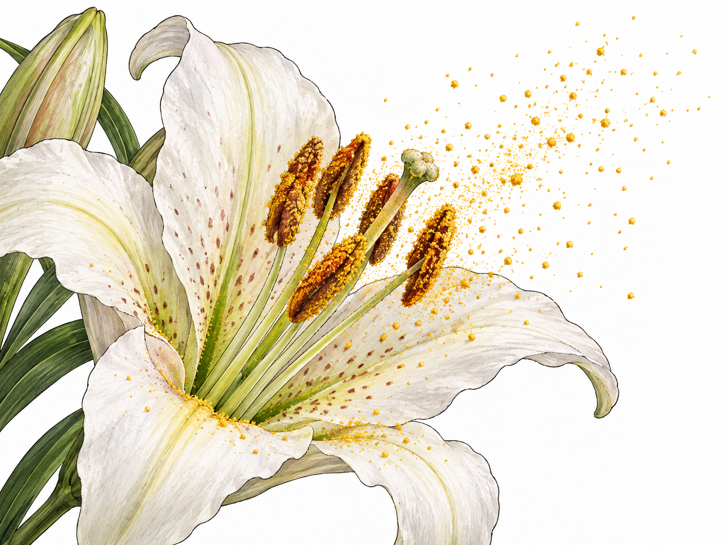 Flower anthers coated with fine yellow pollen grains, realistic botanical powder.