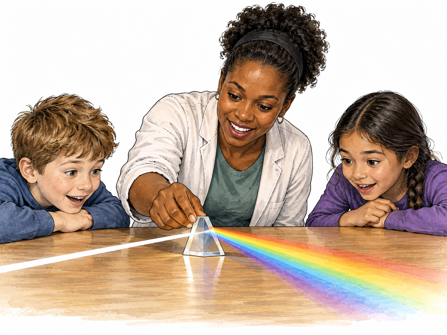 A Black female science teacher captivates two children with a small colorful prism splitting light on a desk.