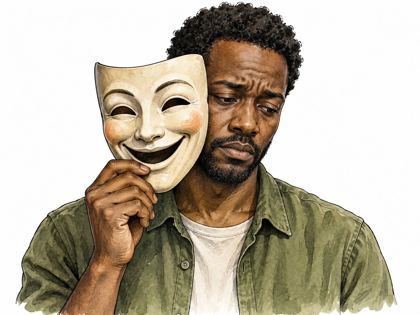 Black adult holds cheerful theatrical mask beside visibly sad face, hiding feelings.