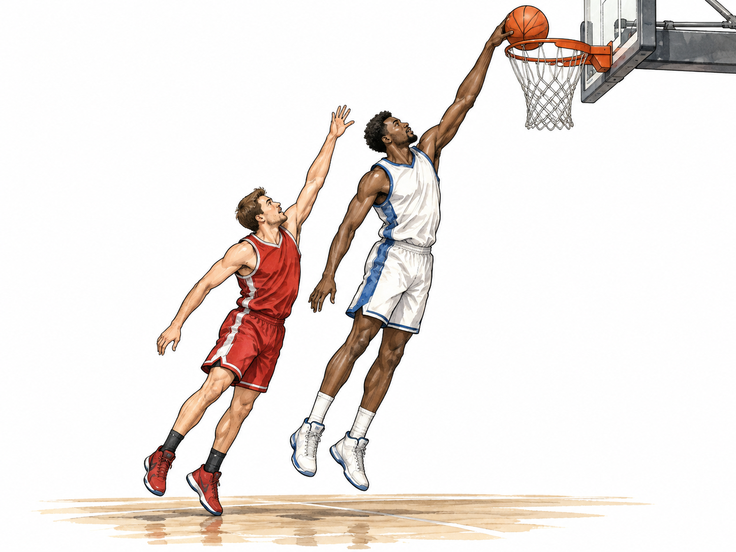 A tall basketball player easily reaches a high basket while a shorter opponent must stretch, athletic adults, Black and white.