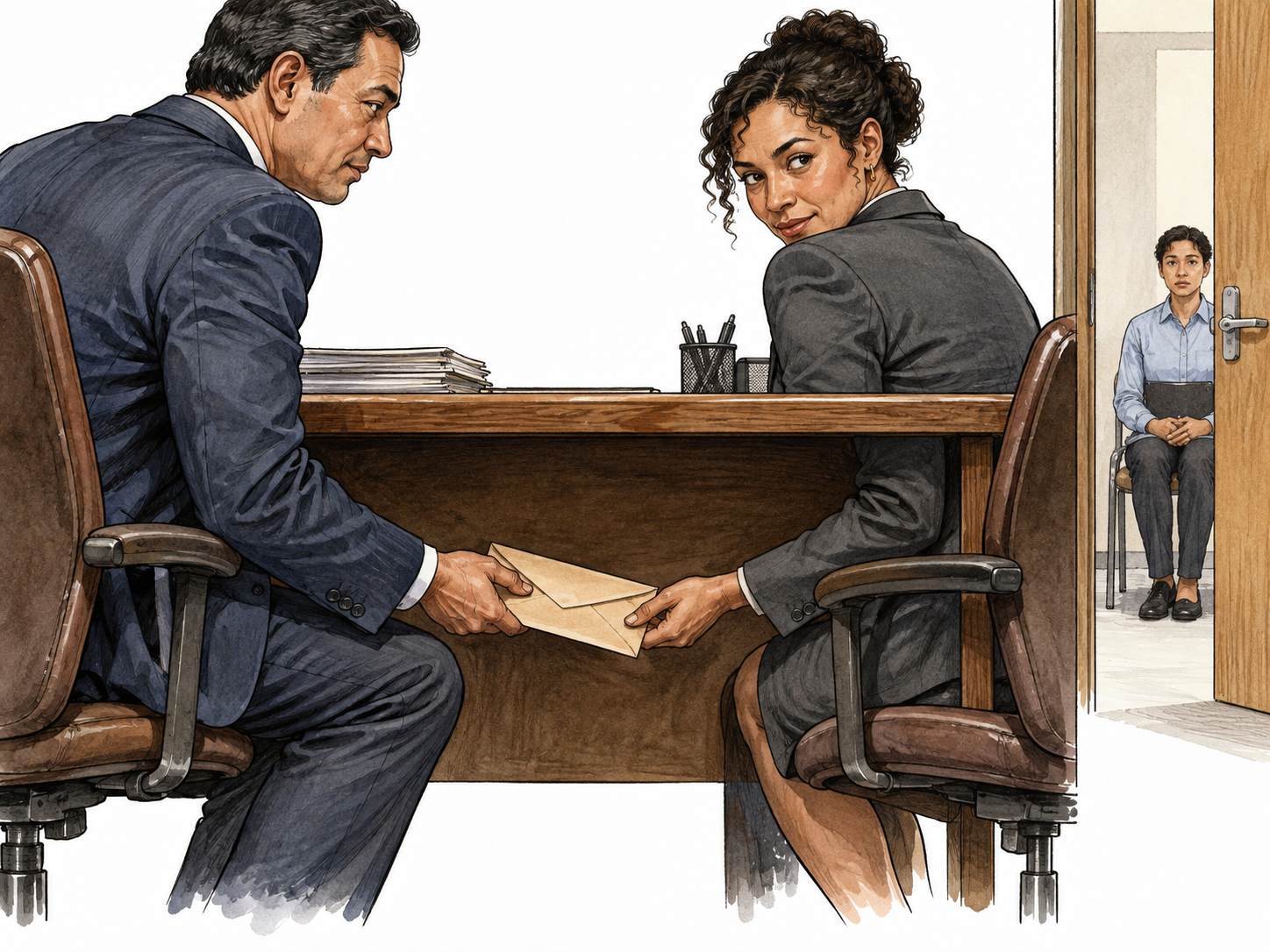Two mixed-ethnicity officials exchange a concealed envelope beneath a desk, shared secretive intent while applicant waits beyond doorway.