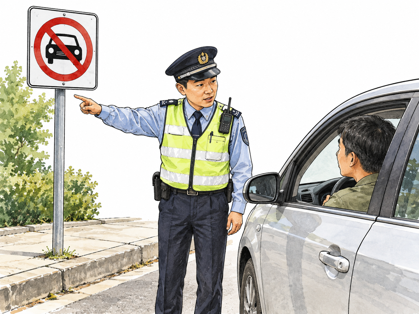 A local no-parking sign showing only a crossed-out car pictogram stands beside curb; East Asian municipal officer points it out to driver.