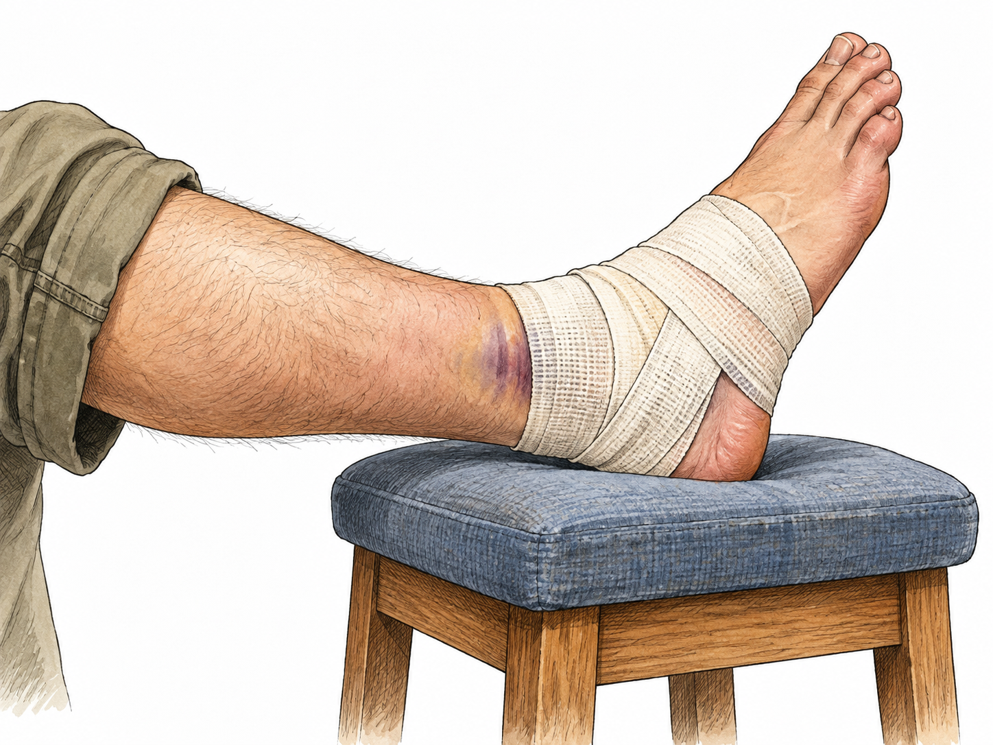 A white adult's swollen ankle wrapped in bandage and supported on a stool, visible mild bruise, no gore.