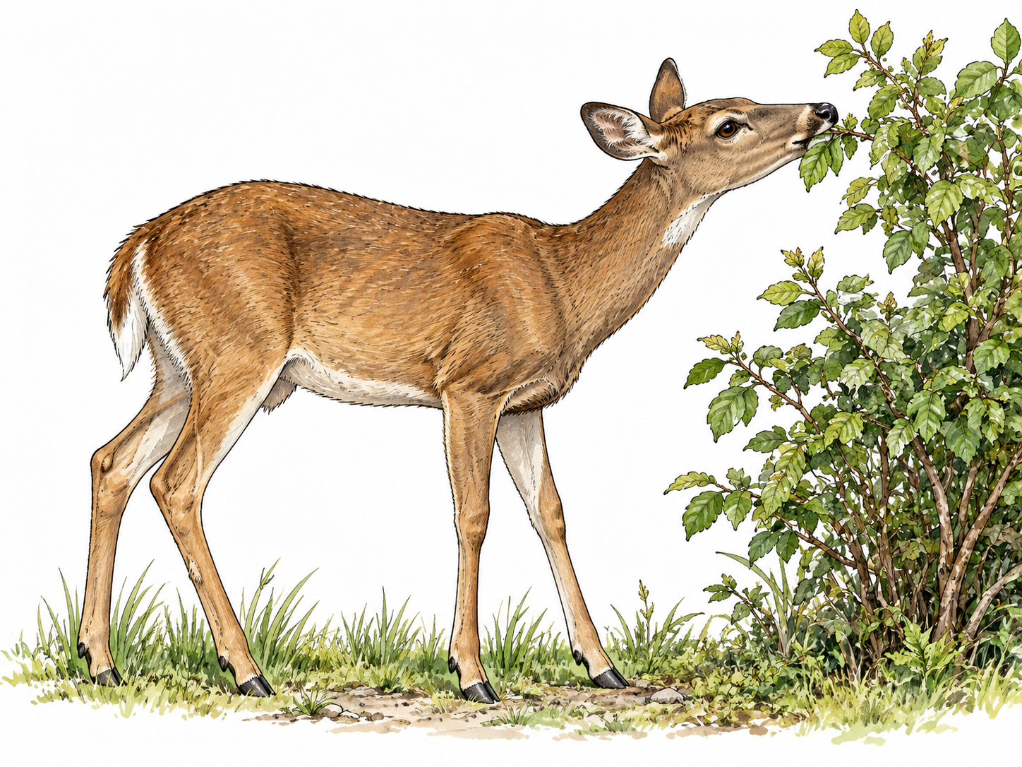 Deer eating leaves directly from shrub, natural muzzle and plant feeding.