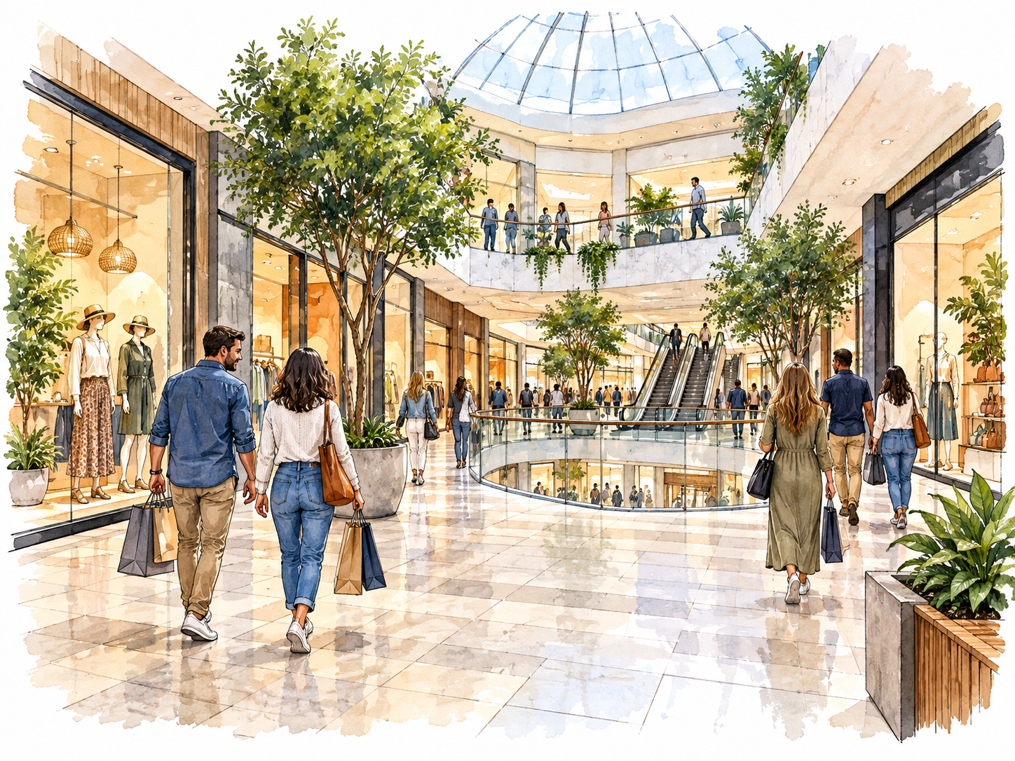 An indoor shopping mall atrium with several shopfronts and walking shoppers, no readable signage.