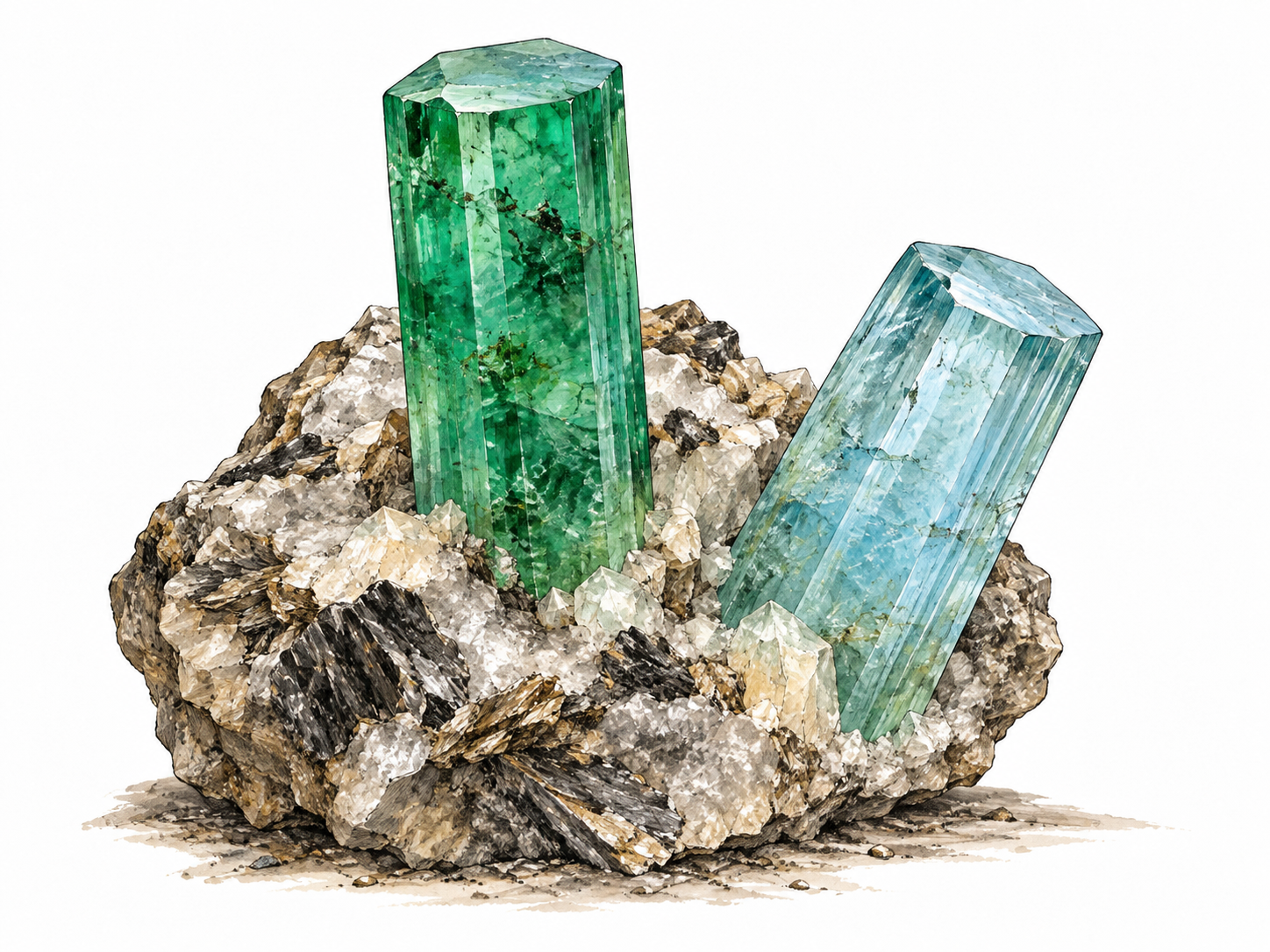 Natural hexagonal pale blue and emerald green beryl crystals on rock matrix, accurate mineral habit.