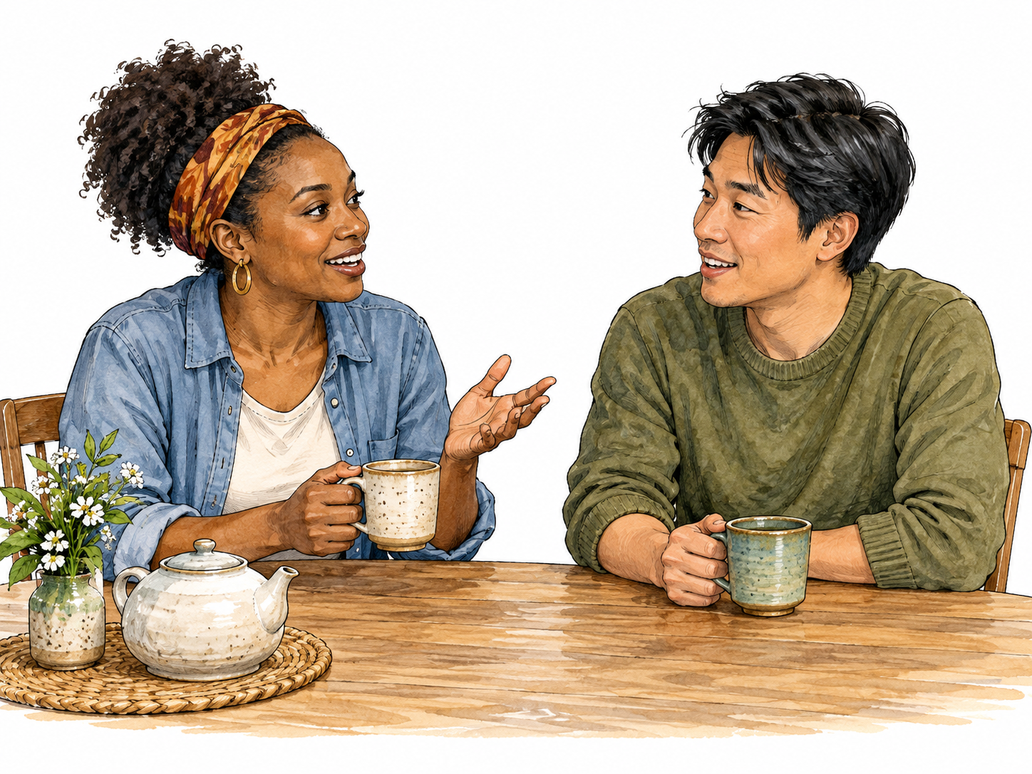A Black woman and an East Asian man exchange an informal conversation over tea.