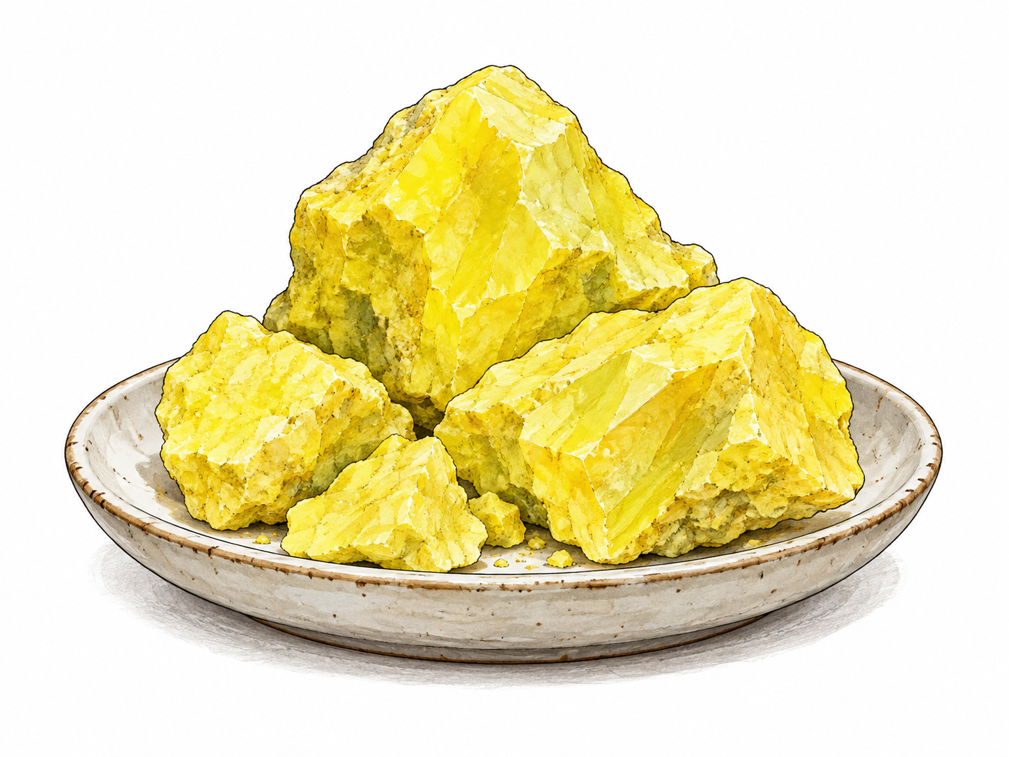 Bright lemon-yellow sulfur chunks on a ceramic dish against a white background, natural mineral.
