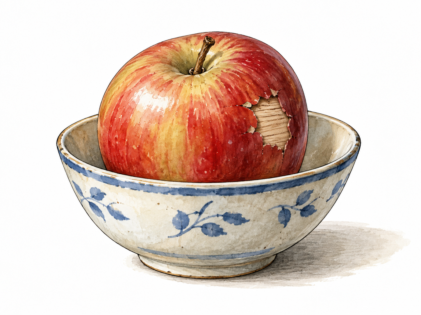 A lifelike fruit in a bowl looks real until a small chipped edge reveals painted wood; appearance versus reality.