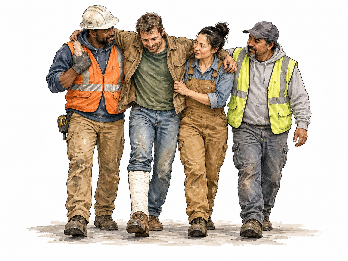 Multiethnic workers stand shoulder to shoulder supporting an injured colleague, dignified unity.