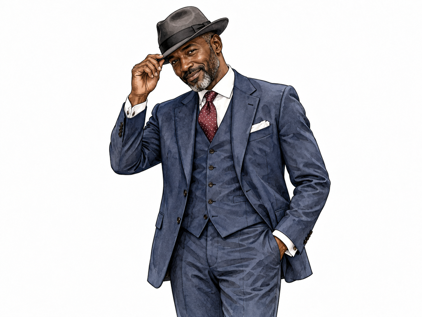 A stylish mature Black man in a tailored suit confidently tips his hat with relaxed charm.
