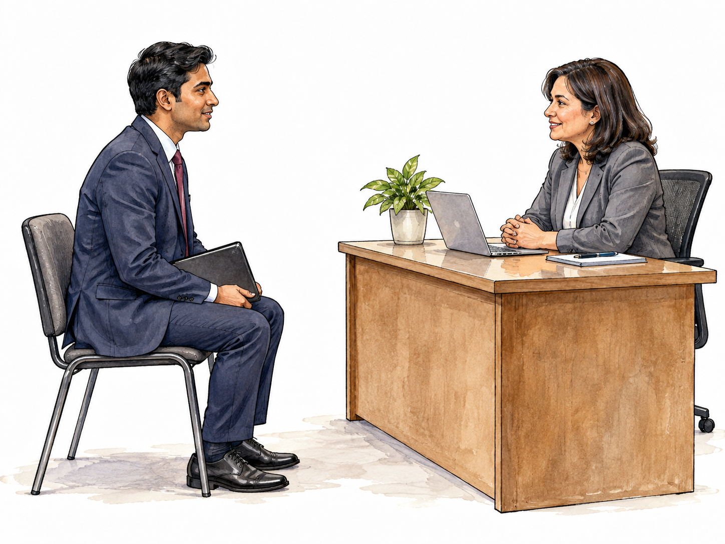 A South Asian job applicant sits poised with portfolio before an interviewer, one chair and desk.