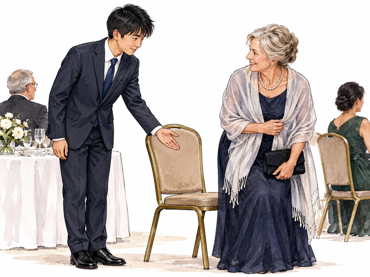 An East Asian teenager respectfully offers a seat to an older white woman in a formal gathering, polite decorum.