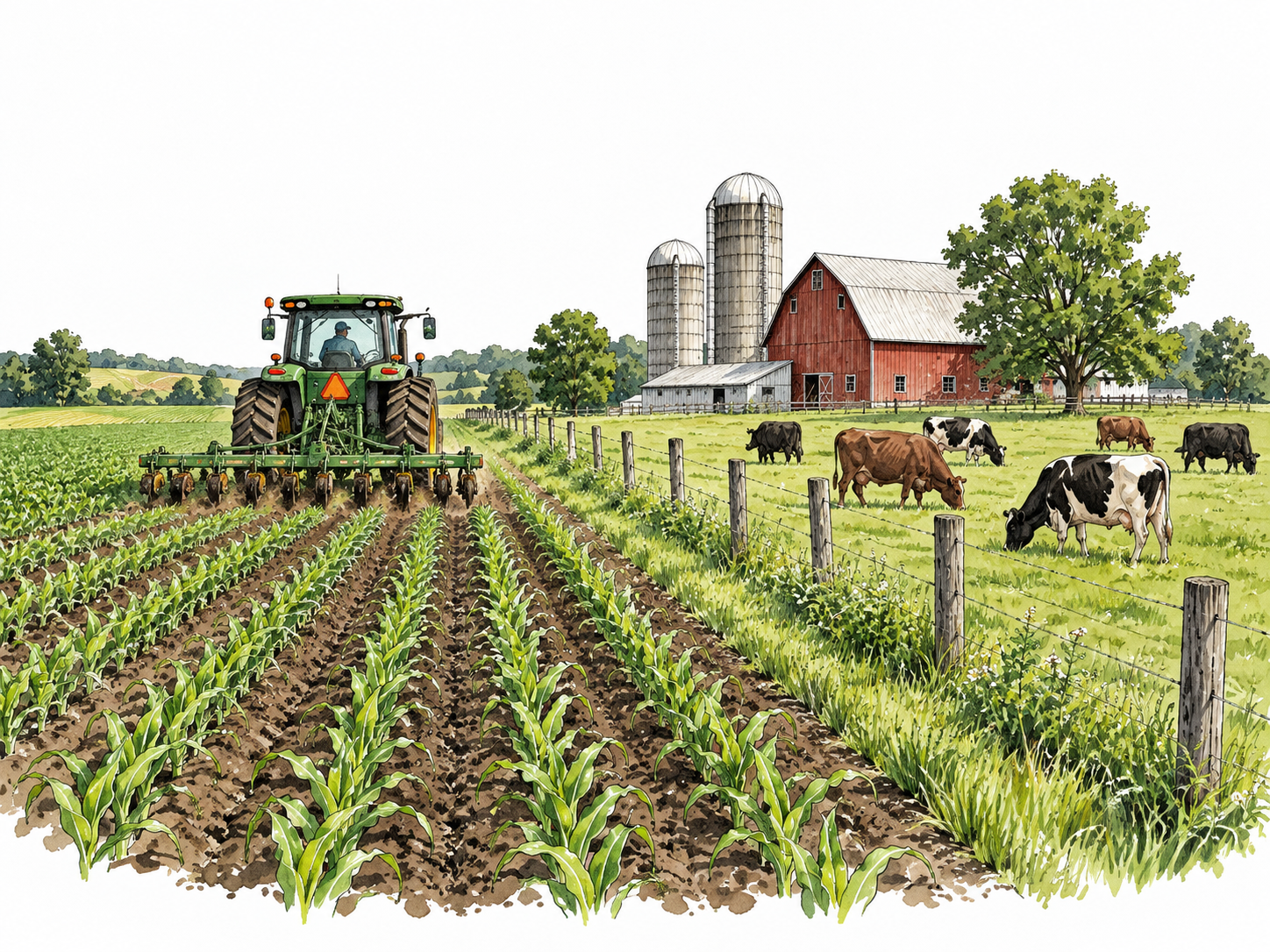 Crop rows with tractor and fenced grazing cattle in coherent working farm.