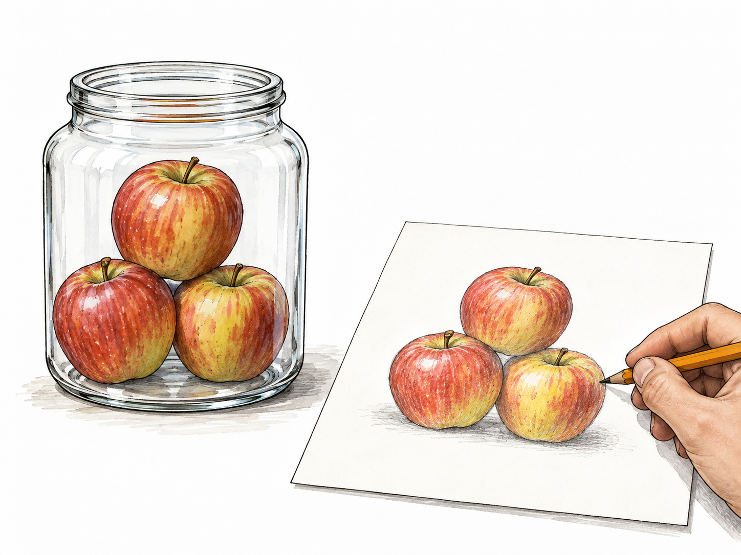 A clear glass jar holding exactly three apples beside an observer's matching drawing of three apples on paper, fact matched to representation, no text.