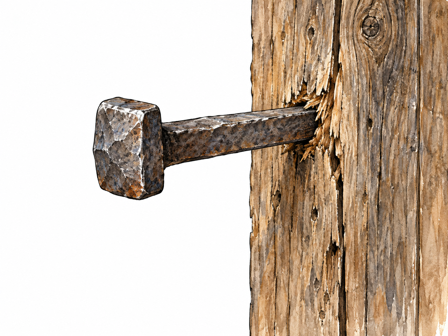 A heavy square-headed iron nail driven through a thick old wooden door plank.