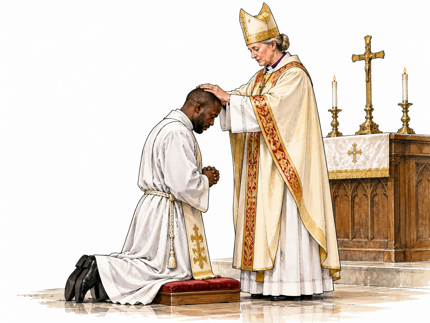 A white female bishop lays hands on a kneeling Black adult man in church, solemn ordination, realistic clergy vestments.