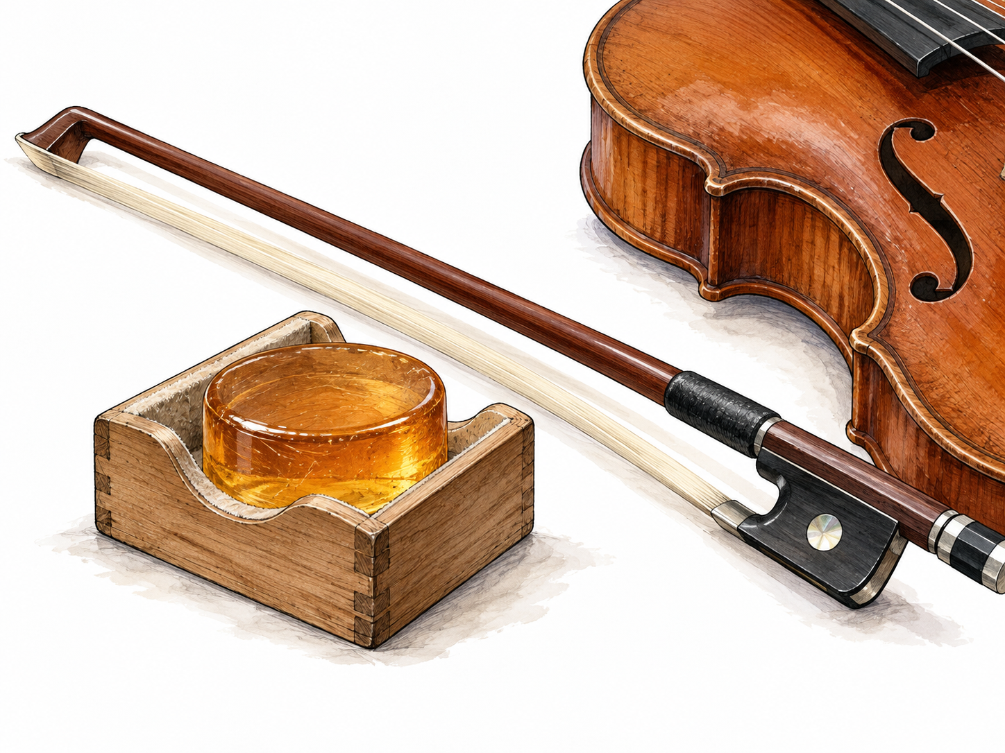 A translucent amber rosin cake in its small open wooden holder prominently beside a violin bow with white horsehair and the edge of a violin.