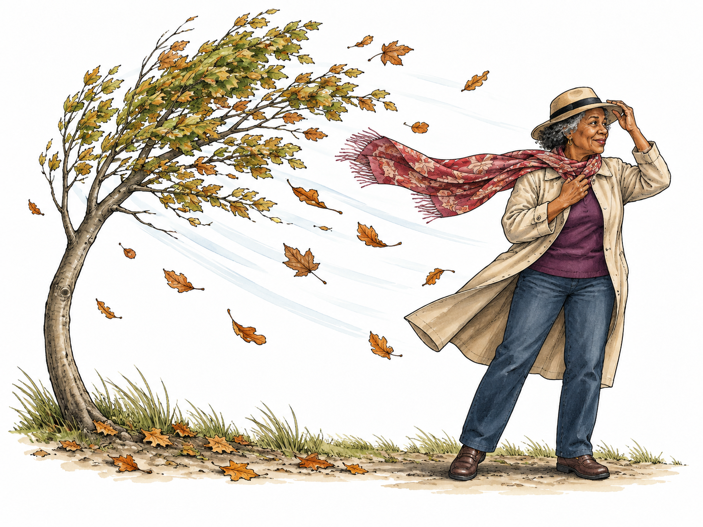 A sudden gust bends a small tree and lifts dry leaves and an older Black woman's scarf sideways, safely grounded.