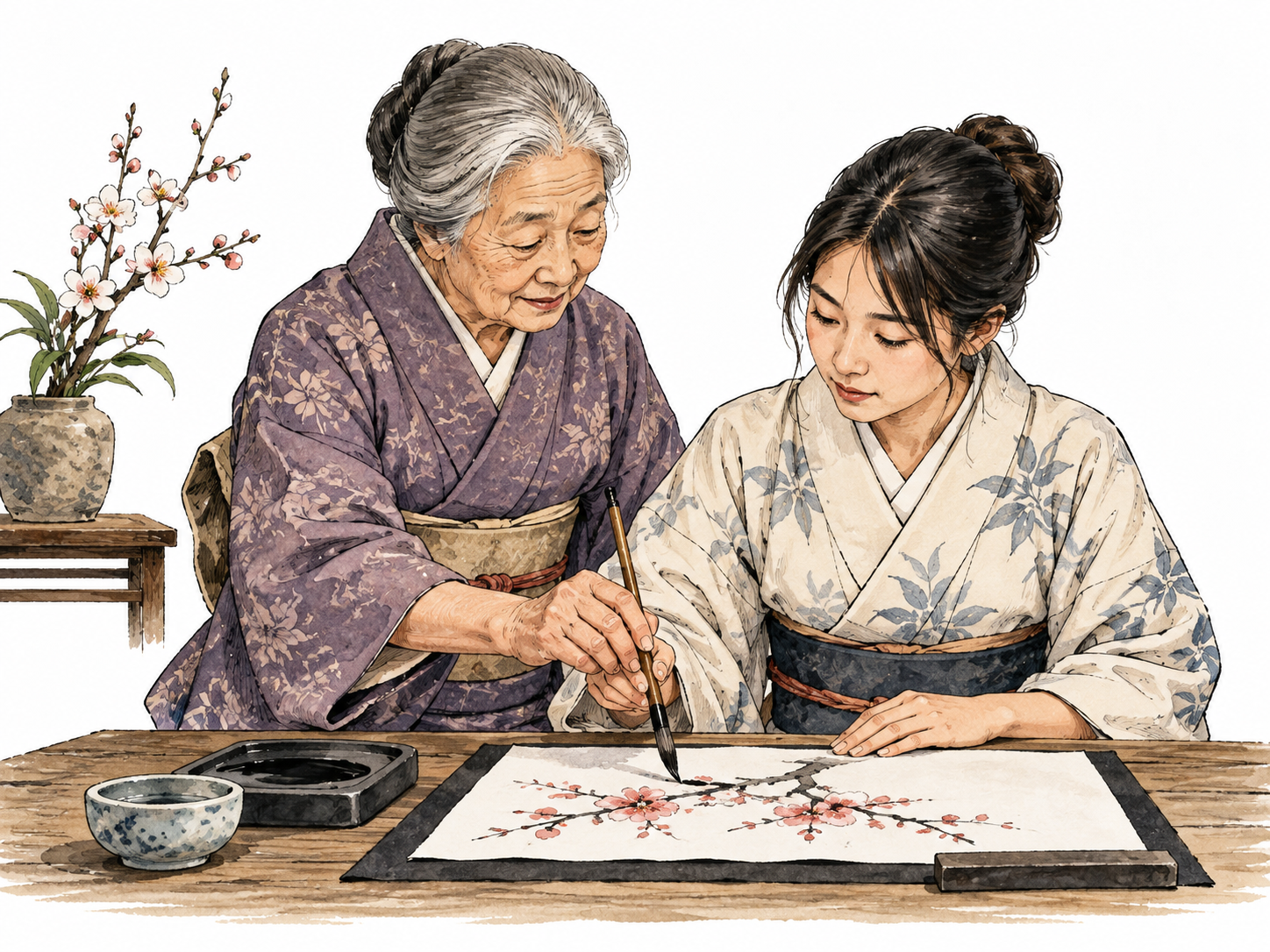 Japanese grandmother teaches young Japanese adult traditional brush-painting, transmission of an art.