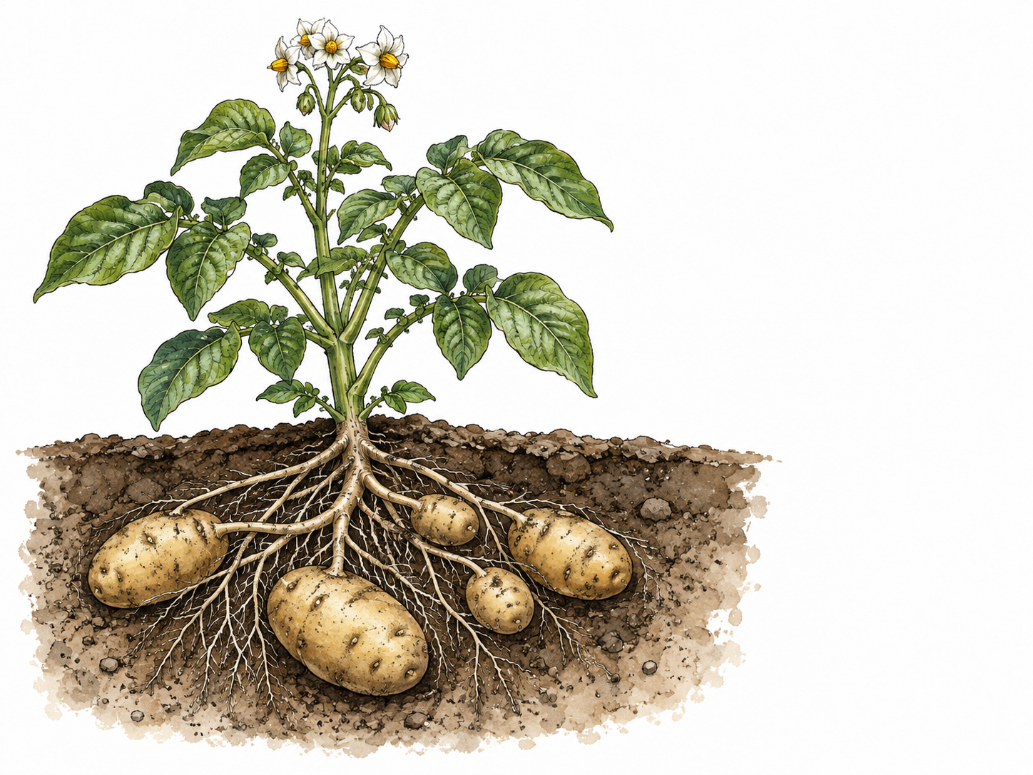 A potato plant cutaway with leaves above earth and connected swollen potato stem tubers below.