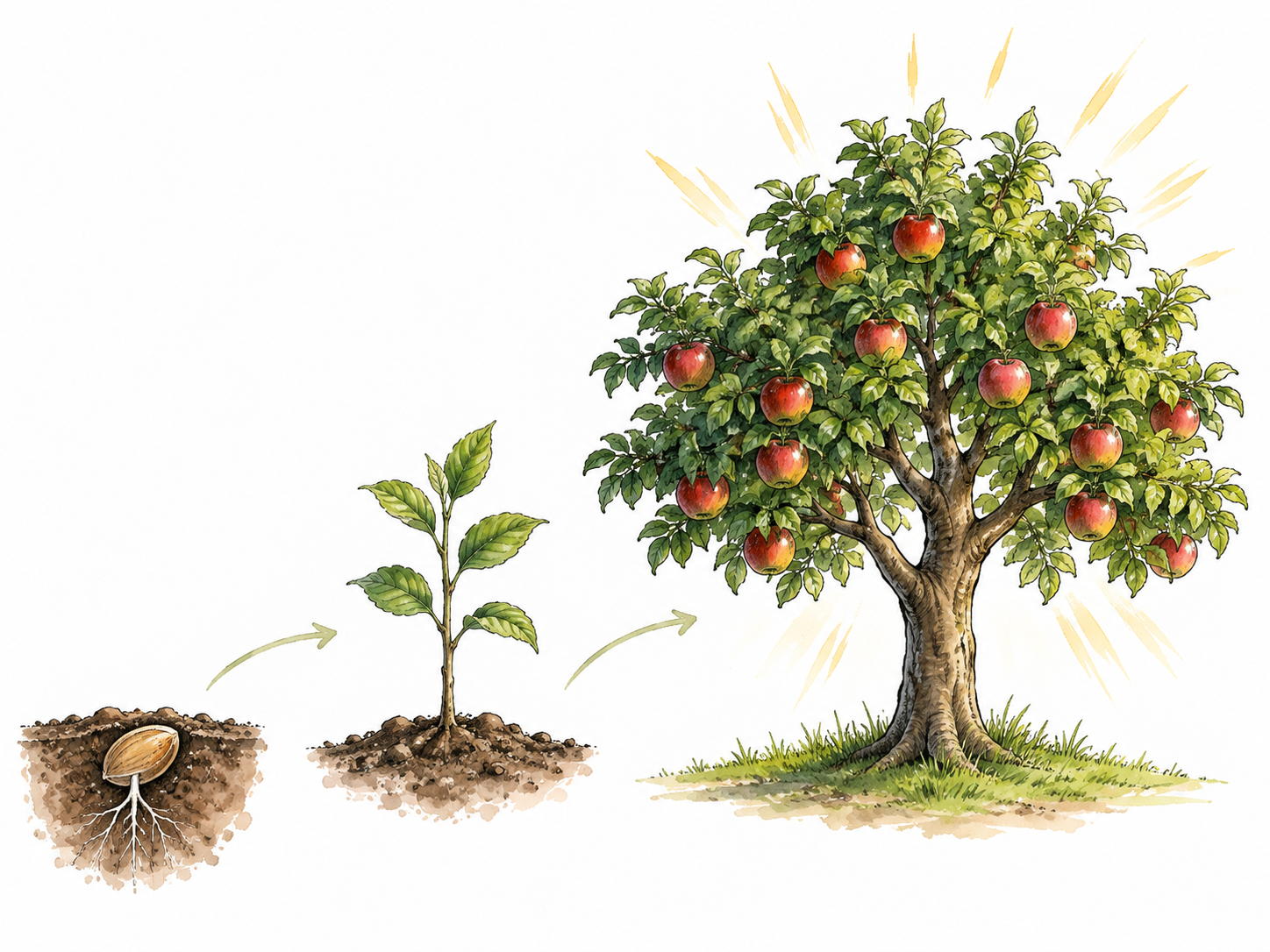 Three connected stages: seed in soil, growing sapling, finally a mature fruit tree; final tree emphasized.