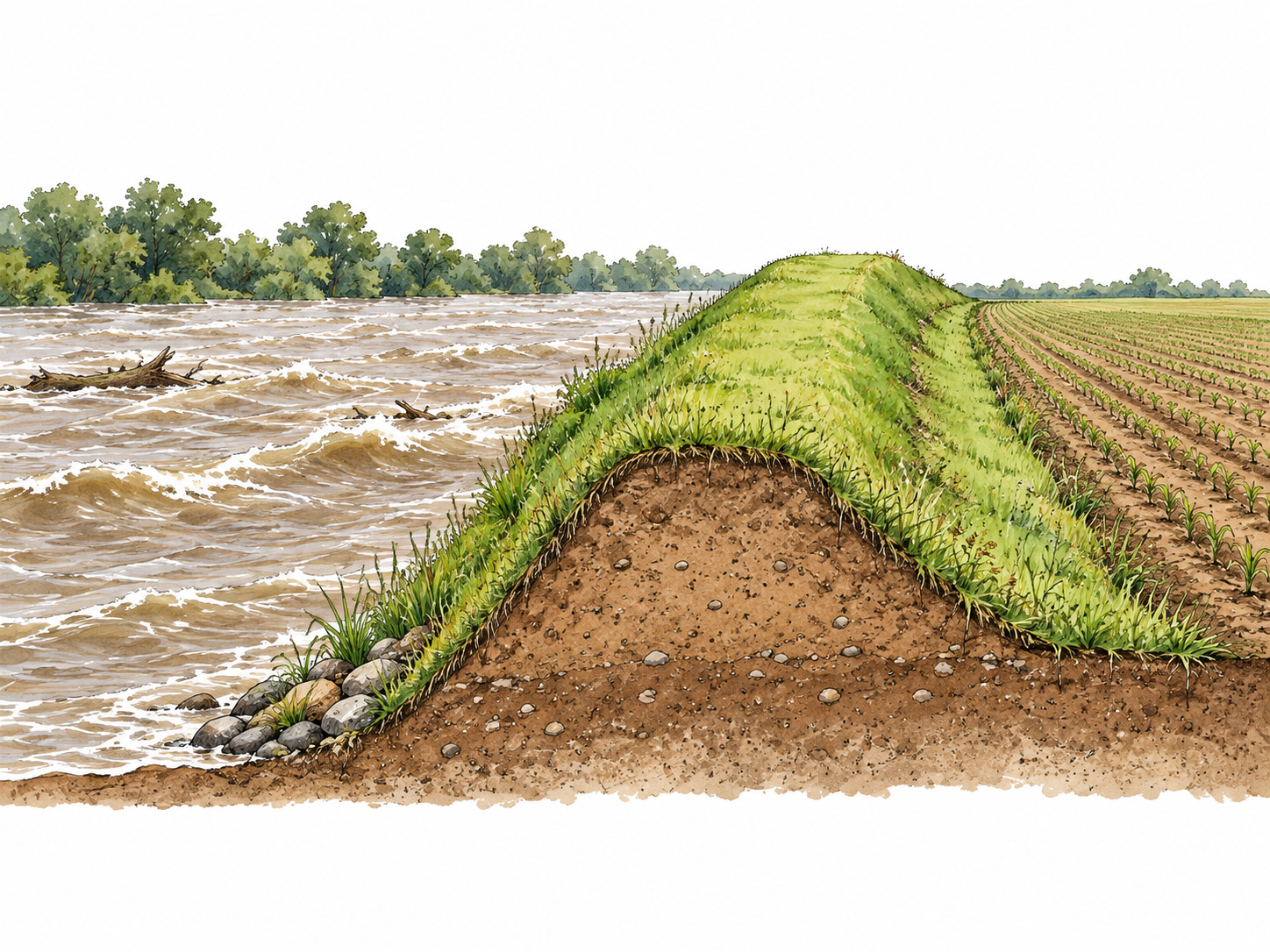 A long grassy earthen levee holds back a swollen river beside dry farmland, clear cross-section.