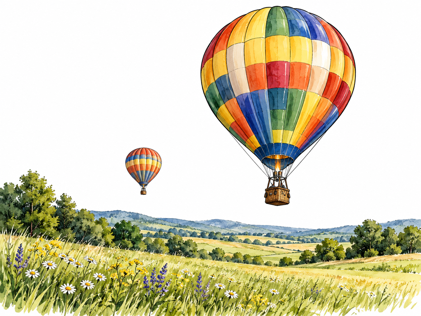 A hot-air balloon rises above a meadow with a smaller lower balloon for context.