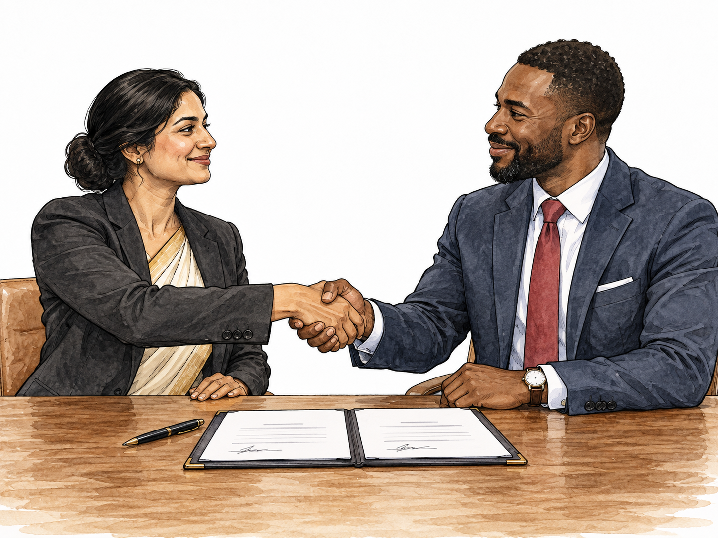 A South Asian businesswoman and a Black businessman firmly shake hands over a freshly signed contract, closing and securing their deal.
