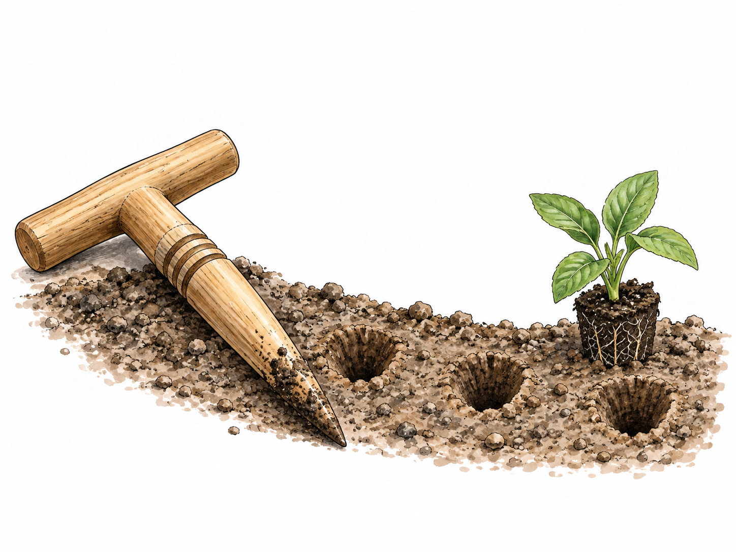 A wooden pointed dibble beside neat small planting holes and a seedling.