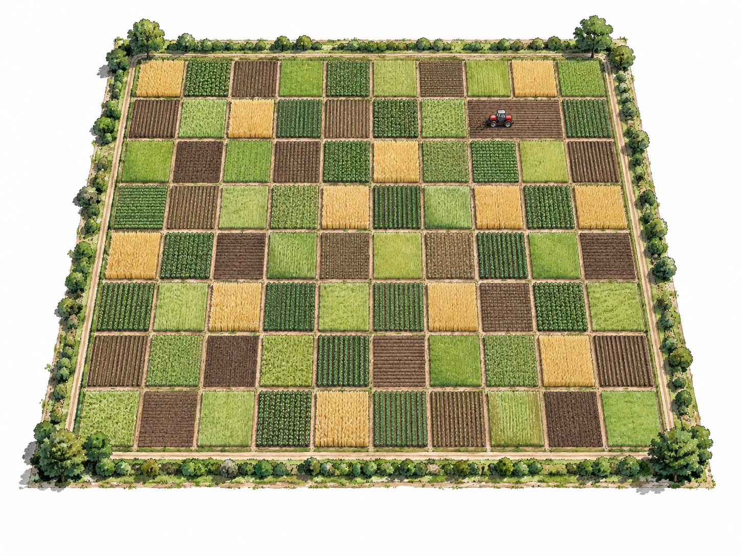 A large square farm field seen from above divided into ten by ten smaller square plots, tractor tiny for scale, represents 100-by-100-meter hectare; no text.