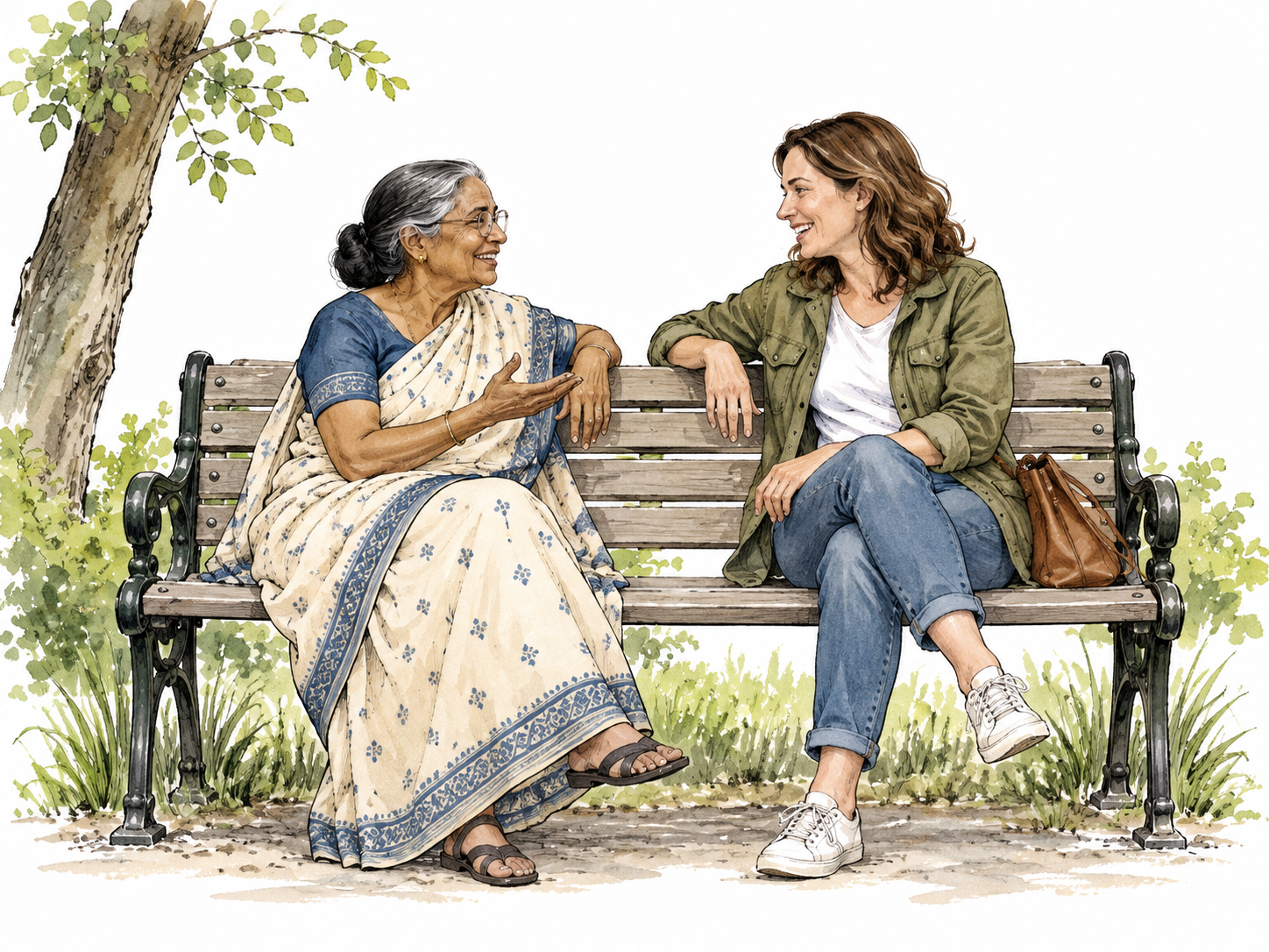 An older South Asian woman and a white woman casually chat on a park bench.