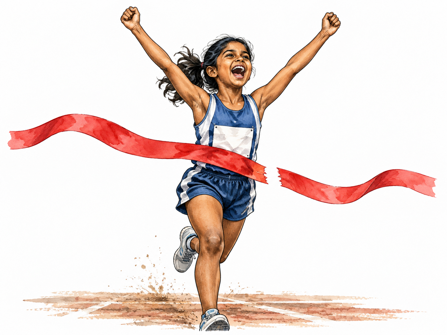 A young South Asian runner throws both arms up with an open-mouthed cry of triumph at a finish ribbon.